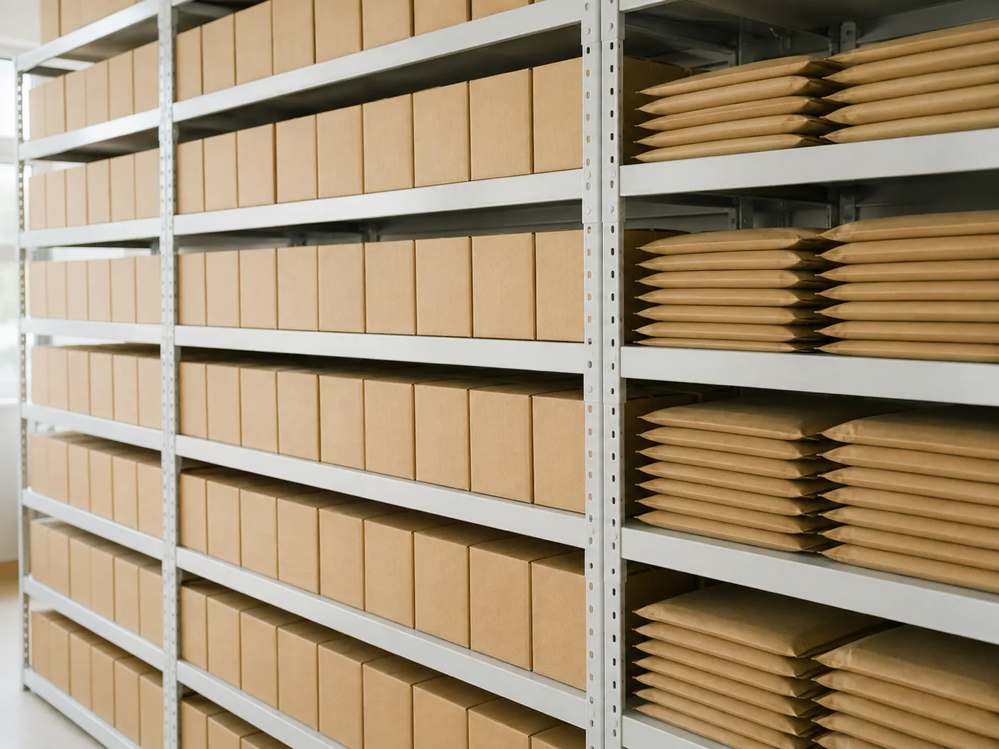 明るい倉庫の棚に、出荷を待つ同じ大きさの箱と封筒が整然と並んでいる